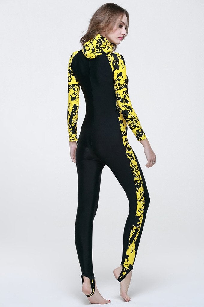 Micosuza One-Piece Rash Guard Swim Surfing Suit Swimsuit for Women Long Sleeve Yellow and Black - Image 4